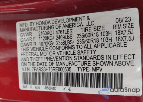 2024 Honda Cr-V Ex-L 2Wd from USA, damaged, VIN 7FARS3H75RE000535